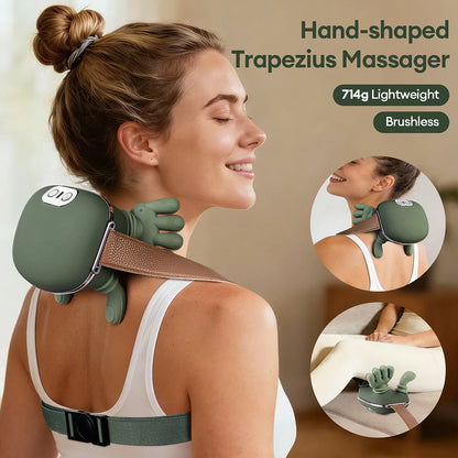 Woman using biometric neck massager for trapezius and shoulder pain relief at home